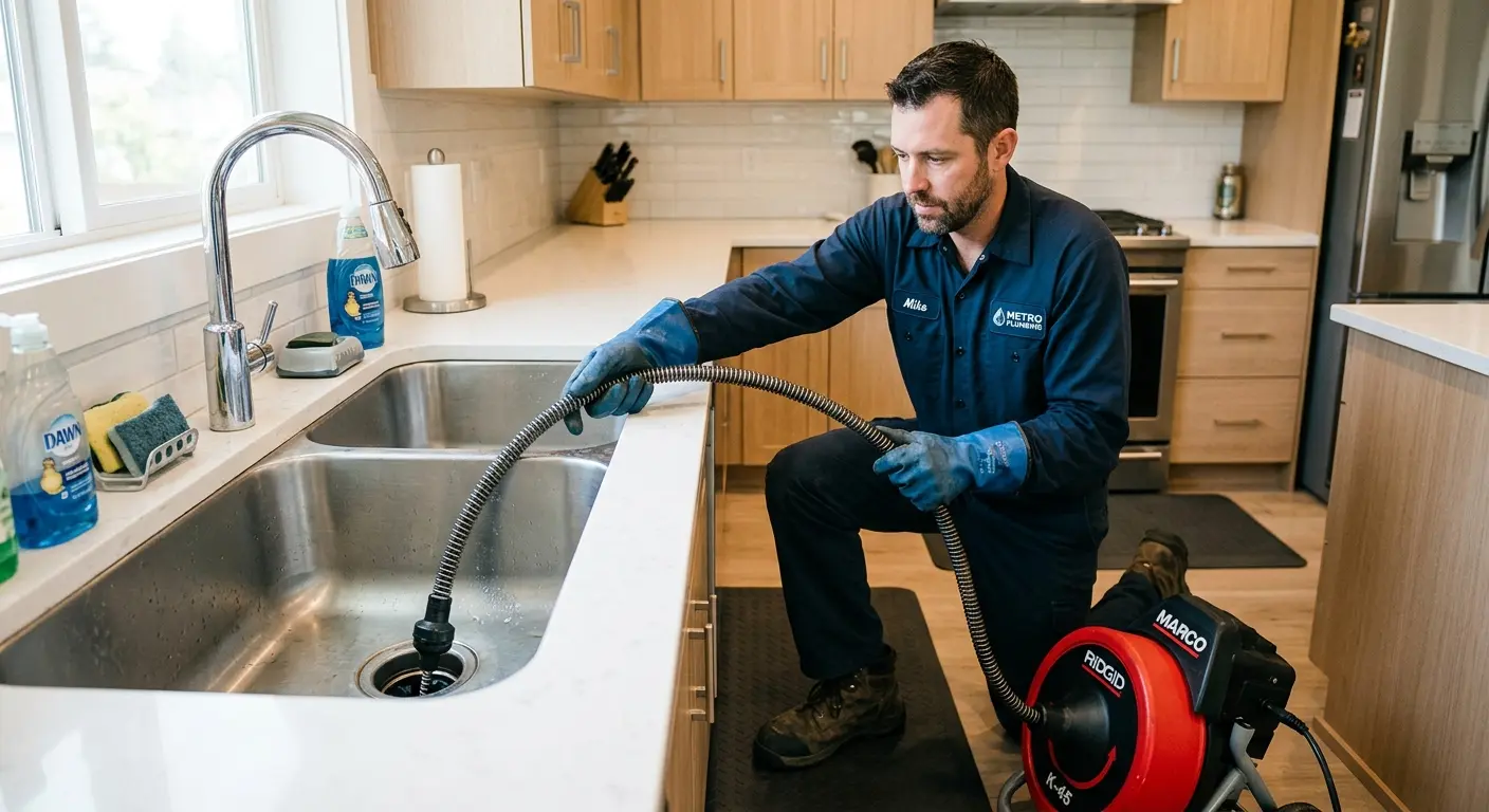 Drain cleaning technician using a motorized snake on a kitchen sink in Salmon Creek