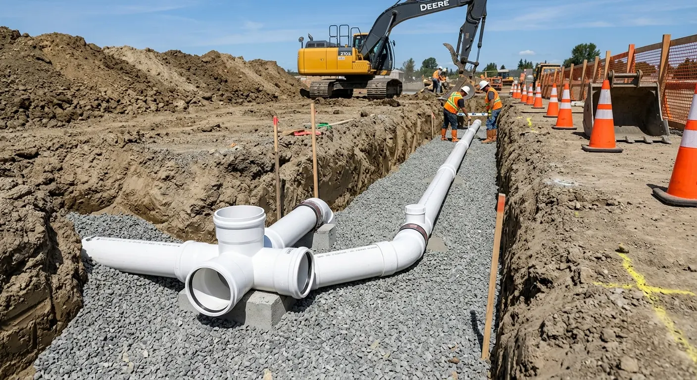 New PVC sewer pipe installation in open trench for Grease Trap Cleaning in Salmon Creek