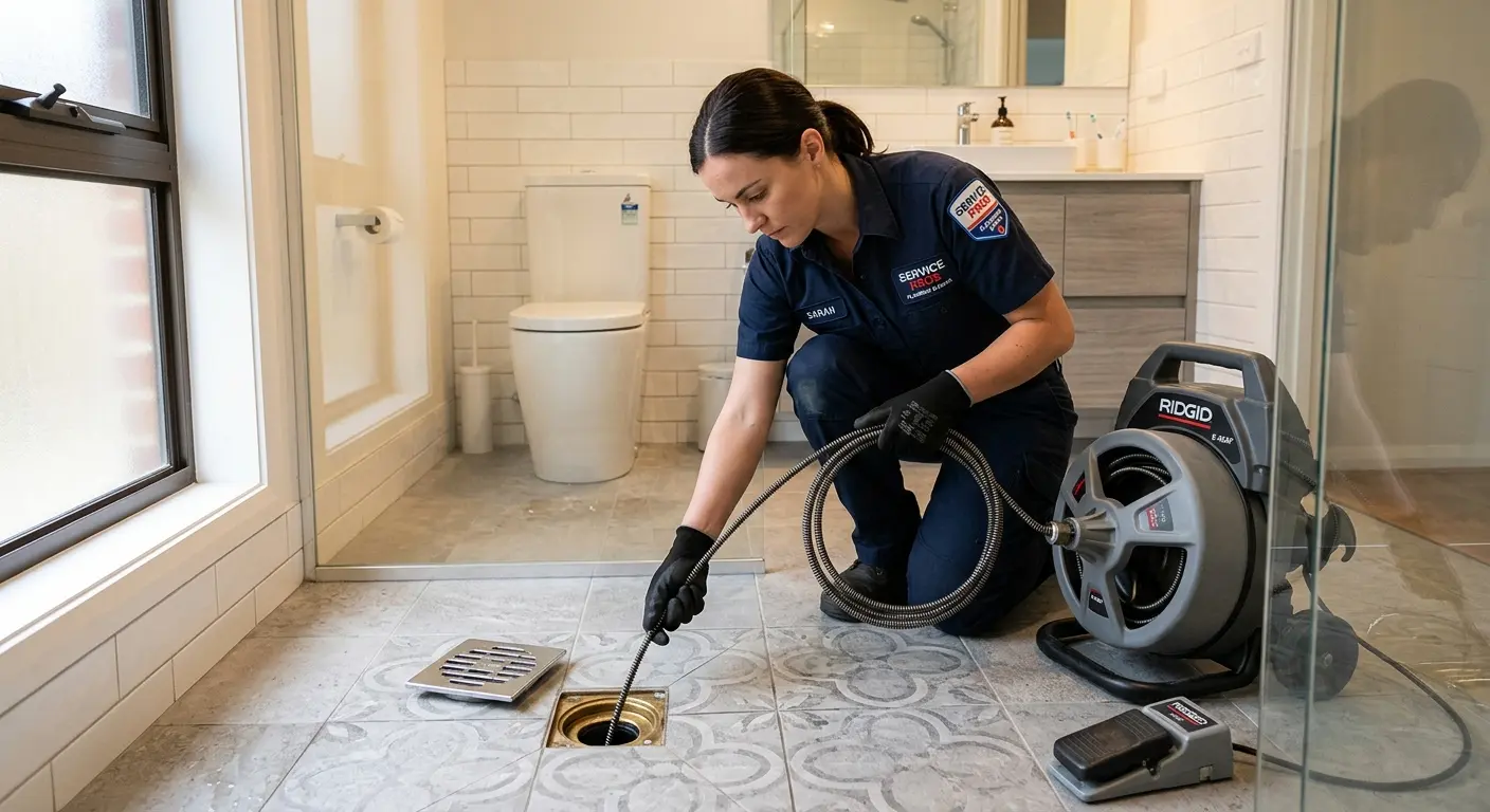Technician clearing a bathroom floor drain for Hydro Jetting in Salmon Creek